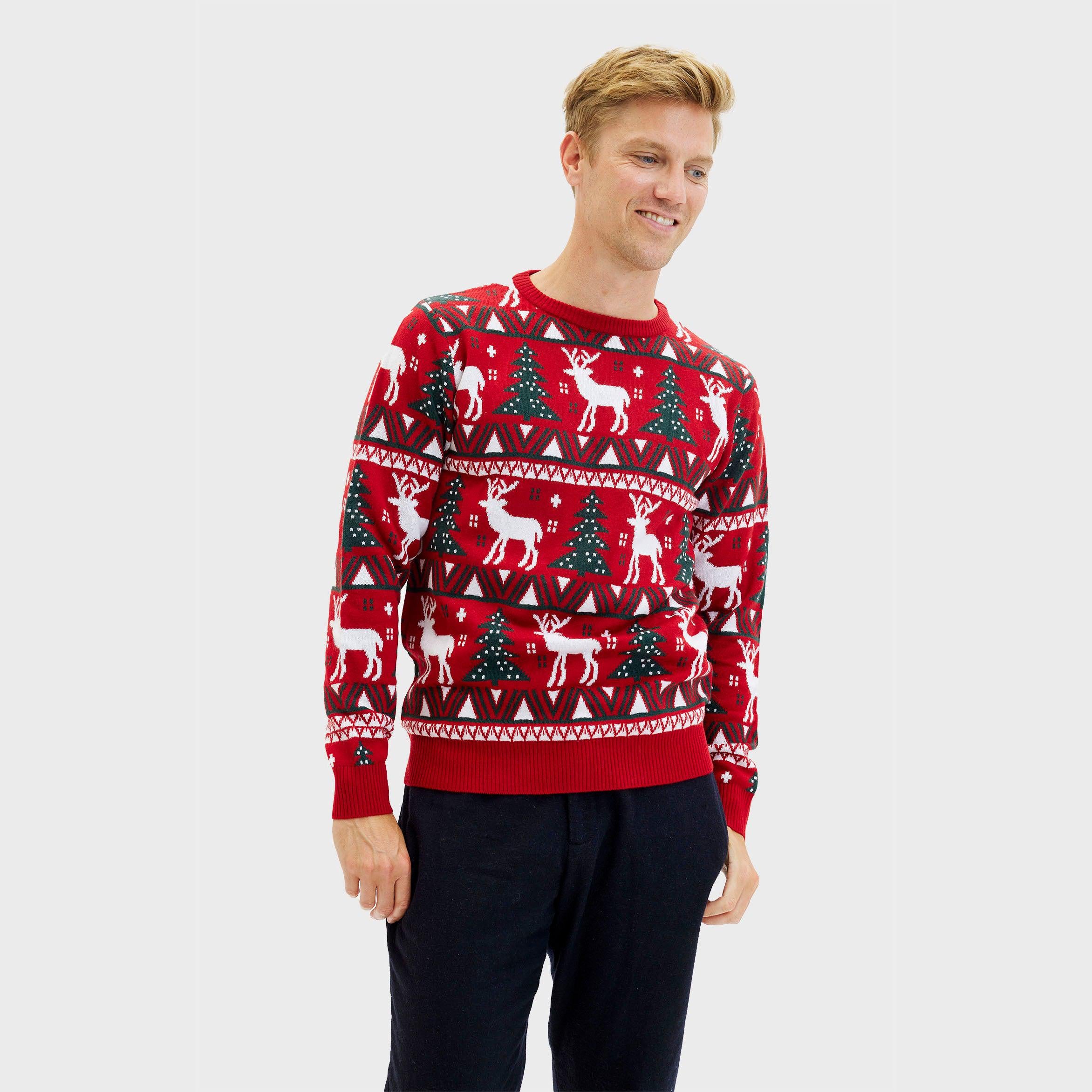 Roter Weihnachtspullover Herren mit Rentier- und Tannenbaum-Muster, Acryl, festlich, weihnachtspyjama herren.